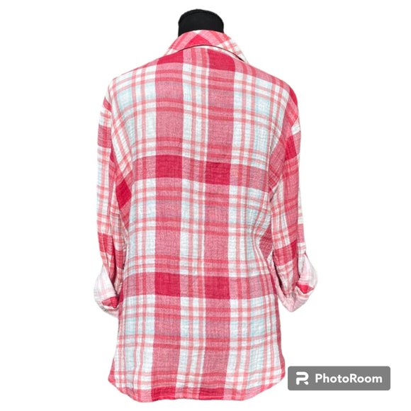 Sanctuary Anthro Women's The Tomboy pink and white plaid crinkly button down M - Picture 8 of 11